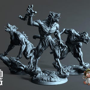 May include: Three grey werewolf figurines in dynamic poses, with detailed musculature and snarling expressions. The figures are set on rocky bases, with the letters "FOG" in a stylized font in the lower left corner. A cartoon monkey is in the lower right corner.