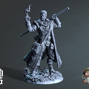 Peut inclure: Une figurine miniature peinte en gris d'un homme portant un long manteau et tenant une épée et une torche enflammée. La figurine est debout sur une base avec une surface texturée.