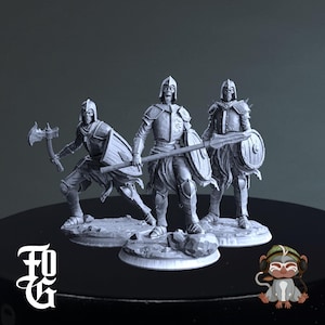 Könnte beinhalten: Drei graue Miniaturfiguren gepanzerter Krieger, jede mit einer Waffe und einem Schild posiert. Einer hält eine Axt, ein anderer einen Speer und der dritte ein Schwert. Die Figuren stehen auf strukturierten Sockeln, was auf ein Fantasy- oder Tabletop-Spielthema hindeutet.