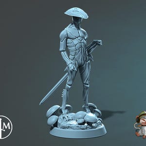 May include: A grey figurine of a futuristic warrior with a sword and a hat, standing on a base with mushrooms. The figure has detailed armour and is posed in a dynamic stance. A logo is in the lower left corner.
