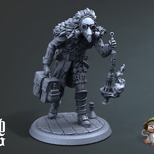 May include: A gray, detailed miniature figurine of a person wearing a long coat, a gas mask, and holding a lantern. The figurine is standing on a circular base.