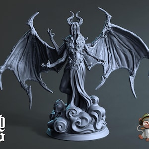 May include: A gray, detailed, sculpted figurine of a demon with four arms, large wings, and a flowing robe. The demon is standing on a cloud-shaped base.