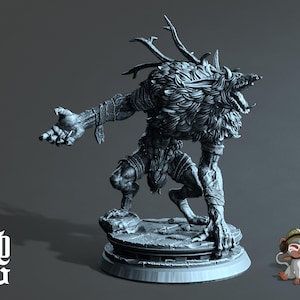 May include: A detailed grayscale figurine of a werewolf-like creature with antlers, standing on a circular base. The figure has a snarling expression and outstretched arm. The base has the letters "FOG" on it.