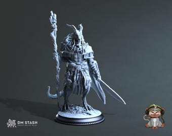 May include: A detailed, gray figurine of a horned humanoid figure holding a staff and two swords. The figure has a muscular build, armor, and a tail. The base is black, and the background is a gradient of gray.