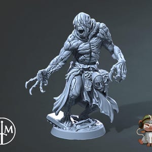 May include: A gray, detailed miniature of a humanoid creature with a skeletal appearance, wearing a robe and holding a skull. The miniature is posed in a dynamic stance, with one arm raised and the other extended. The miniature is standing on a circular base.