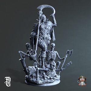 May include: A detailed grayscale figurine of a warrior woman holding a large scythe, standing atop a base with three skeletal figures. The warrior is clad in ornate armor and a cape. The base features skulls and bones.