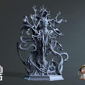 May include: A detailed gray resin sculpture of a multi-armed, hooded figure with a flowing robe and intricate details. The figure stands on a base with a swirling, organic design.