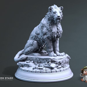 May include: A detailed, gray, 3D printed figurine of a saber-toothed cat sitting on a base with a skull and bones. The figurine is a tabletop miniature for role-playing games.