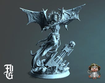 May include: A detailed, gray 3D-printed figurine of a winged figure holding a sword, with a halo and flowing garments. The figure stands on a base with a skull and broken structure. The letters "FOG" are in the lower left corner.