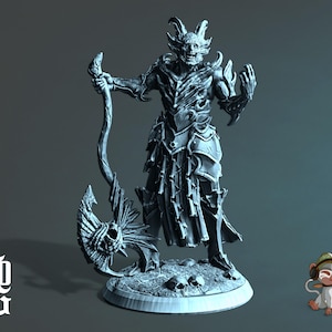 May include: A detailed, grayscale figurine of a demonic figure with horns, armor, and a staff with a skull-shaped head. The figure stands on a base with skulls. The letters "FOG" are in the lower left corner.
