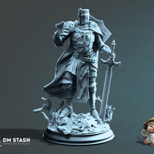 May include: A detailed, gray 3D-printed figurine of a knight in full armor, holding a sword and shield. The knight stands on a textured base with intricate details. The figurine has a helmet, cape, and ornate armor. The base has the text "DM STASH PRINT.PAINT.PLAY".