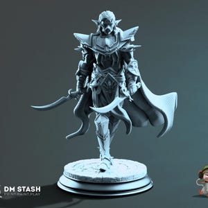 Könnte beinhalten: Eine hellgraue Harz-Miniaturfigur eines Elfenkriegers, der auf einem runden Steinsockel steht. Die Figur trägt eine verzierte Rüstung mit Schulterplatten, einen wehenden Umhang und hält zwei geschwungene Dolche. Der Text DM STASH PRINT.PAINT.PLAY ist sichtbar.