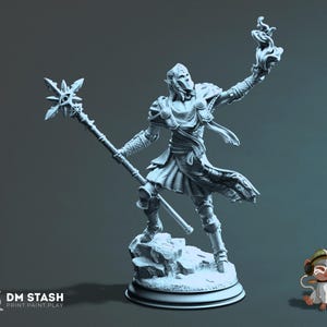 Könnte beinhalten: Graue Figur eines Fantasy-Charakters, der einen Stab mit Stern und eine Flamme hält. Die Figur steht auf einem felsigen Sockel. Der Text "DM STASH PRINT PAINT PLAY" ist sichtbar. Detailliertes Modell.