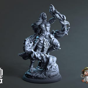 May include: A grey figurine depicting a warrior woman in armour, holding a flowing, stylised element. The figure stands on a rocky base, with intricate details in the armour and hair. The design suggests a fantasy theme.