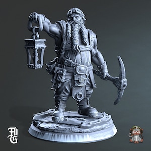Dwarf Miner DnD Miniature 3D Print for painting, Dungeons and Dragons Tabletop RPG | Flesh of Gods | 28mm | 32mm | 72mm