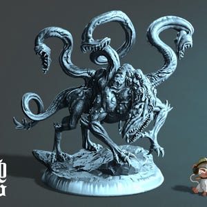 May include: A detailed, gray monster figurine with multiple serpentine heads and a textured body. The creature is posed on a rocky base, with sharp claws and a menacing expression. The letters "FOG" are in the lower left corner.
