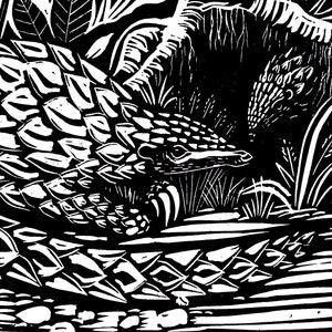 Pangolin and cub lino print in black and white