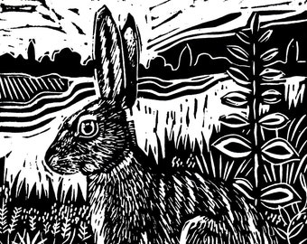 Hare lino print in black and white