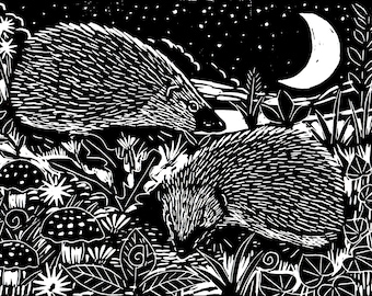 Hedgehogs lino print in black and white