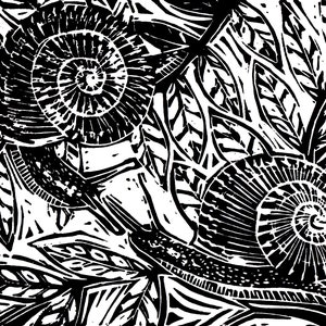 Garden Snails lino print in black and white