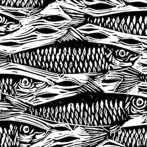 Shoaling Pilchards lino print in black and white