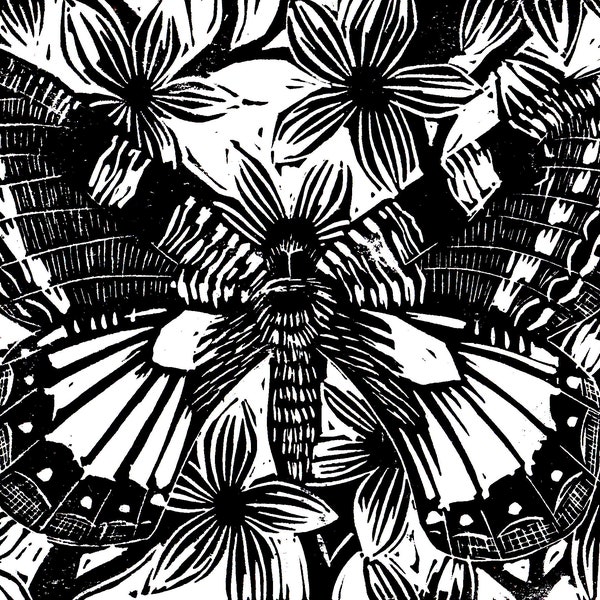 Butterfly lino print in black and white