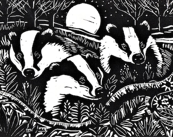 Badgers lino print in black and white