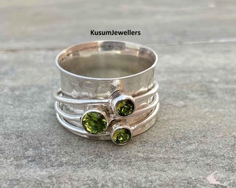 Peridot Gemstone Spinner Ring: Sterling Silver Wide Band, Boho Style