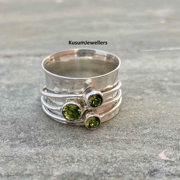 Peridot Gemstone Spinner Ring: Sterling Silver Wide Band, Boho Style