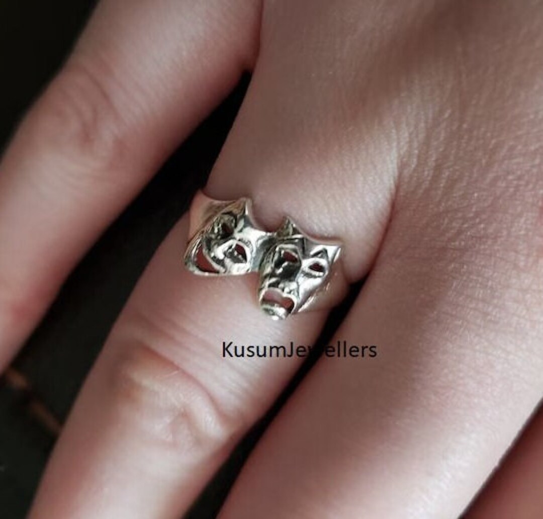 925 Sterling Silver Comedy Tragedy Mask Ring, Happy Sad Face Ring