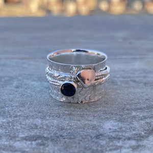 Blue Sapphire Sterling Silver Spinner Ring: Boho Heart Statement Ring