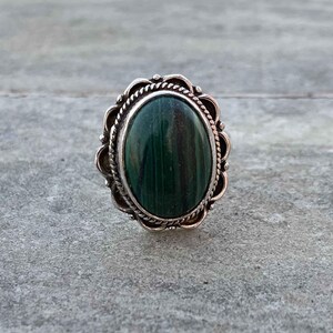 Malachite Gemstone Ring: Sterling Silver Oval Boho Statement Ring