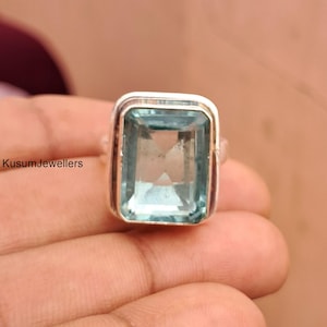 Rectangle Aquamarine Gemstone Ring, 925 Sterling Silver, Bohemian Statement
