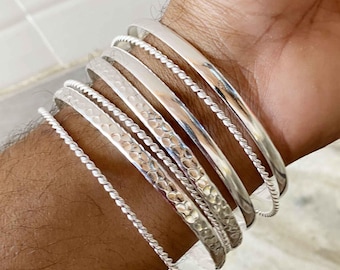 ハンドメイドスターリングシルバーフローラルバングルセット、調節可能