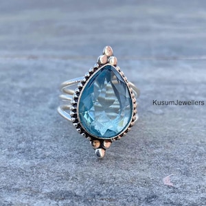 Blue Topaz Gemstone Ring, 925 Sterling Silver Ring, Pear Shape Ring, Designer Ring, Dainty Ring, Minimalist Ring, Fidget Boho Ring, Gifts