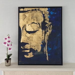 Original - Hand Made - Framed - Buddha Wall Art Canvas - Buddha Wall Art - Zen Wall Art, Relaxing - Yoga, Meditation - Blue And Gold Art