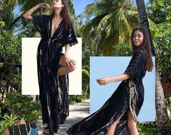オーバーサイズカフタンドレス、ハンドタイダイマキシドレス、彼女へのギフト、ブラックロングカフタンドレス、リゾートウェア、カフタン、休暇用ドレス、お母さんへのギフト