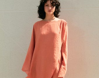 Peach Kaftan Tunic | Boho Beach Cover Up Tunic | Long Sleeve High-Low Hem  | Resort Vacation Summer Wear | Gift for Her