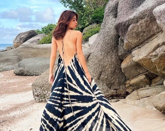 Boho Tie dye Maxi Dress Beach Open Back Dress Honeymoon Vacation Flamingo Dress Bohemian Long Dress Beach Cover up Gift for her Resort Wear