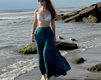 Teal Tie Dye Boho Pants – Wide Leg Beach Pants | Handmade Pants with Pockets | Boho Vacation Outfit | Summer Holiday Festival Gift for Her