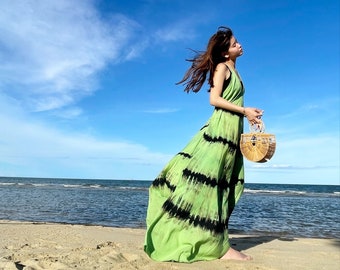 Boho maxi dress, Tie dye Maxi Dress, Green maxi dress, Beach maxi dress, dress for vacation, Dress for honeymoon, beach dress, gift for her
