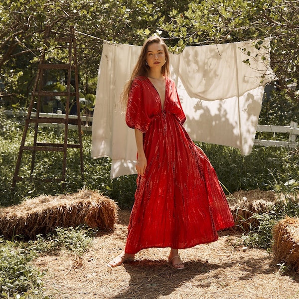 Goddess Maxi Dress, Boho Red Kaftan, Gift for her, Red Oversized Caftan, Tie dye Maxi Dress, Resort dress, Beach Cover up, Bridesmaid Gift