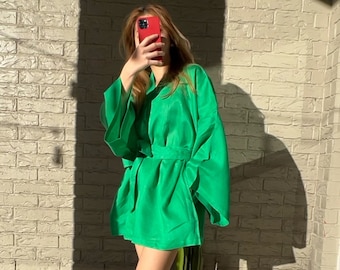 Handmade Linen kimono jacket, Green Kimono short, Linen Oversized kimono, Japanese Linen Kimono, Linen boho robe, Linen Coverup,gift for her
