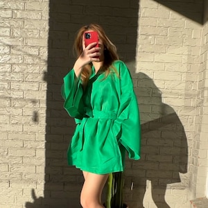 Handmade Linen kimono jacket, Green Kimono short, Linen Oversized kimono, Japanese Linen Kimono, Linen boho robe, Linen Coverup,gift for her