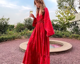 Long sleeves kaftan, Red kaftan dress, Holiday Dress, Gift for her Hand tie dye maxi dress Boho Beach dress for Vacation Caftan Resortwear