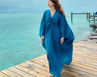 Teal Blue Oversized Kaftan Maxi Dress, Plus Size Beach Cover Up, Long Sleeve Resort Caftan, V Neck, Flowy Cruise Vacation Dress