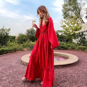 Long sleeves kaftan, Red kaftan dress, Holiday Dress, Gift for her Hand tie dye maxi dress Boho Beach dress for Vacation Caftan Resortwear Red