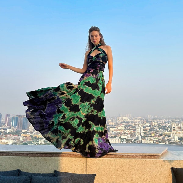 Infinity Maxi Dress, Tie dye Bohemian Maxi Dress Halter Maxi Dress Open Back Dress Beach Outfits Vacation Dress Resortwear Honeymoon Dress