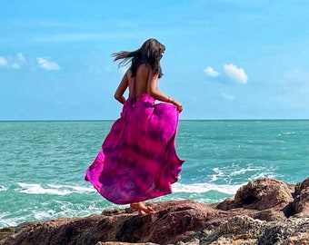 Tie dye maxi dress, boho maxi dress, beach dress, Fuschia maxi Dress, halter neck maxi dress, summer dress, Open back dress, gift for her