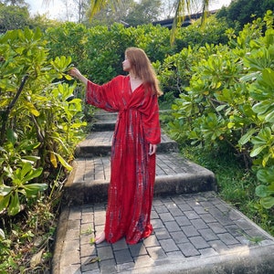 Hand Tie-dye Kimono, Red kimono robe, long kimono robe,boho Kimono robe, kimono robe, bridesmaid gift, gift for best friend, gift for sister image 1